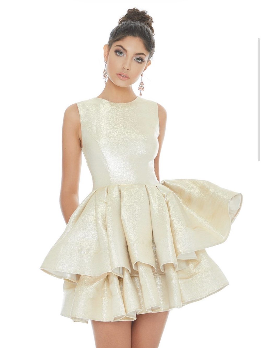 Metallic Cream Party Mini Dress with Tiered Ruffle Skirt